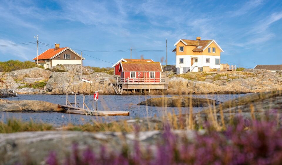 coast, beach, nature, house, beach house, holiday home, woodhouse, sweden house, water, sea, lake, heaven, clouds, rock, stony, outlook, landscape