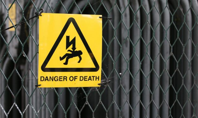 industry, sign, security, safety, warning, electricity, danger, fence, voltage, dangerous, hazard, yellow, shock, gray security, gray safety, gray industry, hazard, hazard, hazard, hazard, hazard, shock
