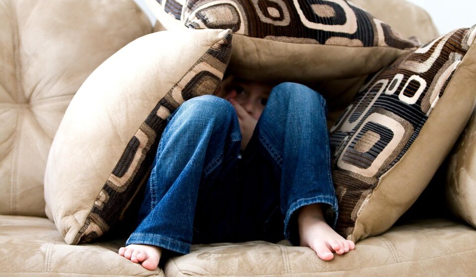little boy, hiding, sad, child, fear, pillows, couch, pillow fort, bare feet, hide, hide and seek, brown fear, brown couch, sad, fear, fear, fear, fear, fear