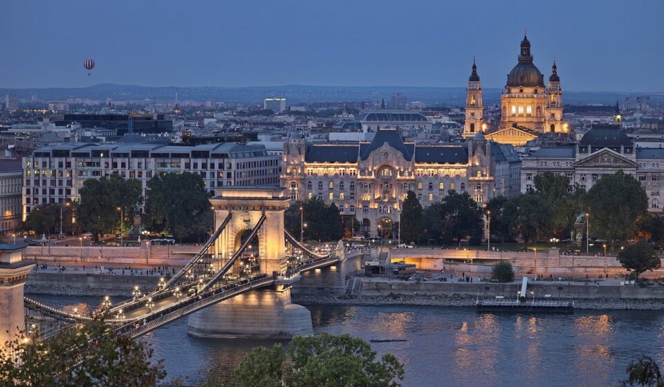 budapest, chain bridge, st, stephen's basilica, danube, evening panorama, night lighting, city architecture, cathedral, hot air balloon, river, tourist attraction, historic building, romantic scenery, capital city, blue hour, europe, architectural style, unesco heritage, central europe, monument photography