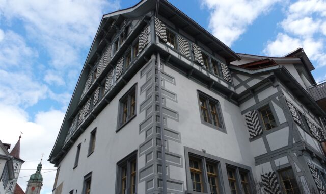 st gallen, historic center, historical, switzerland, town house, for strauss, bay window, facade, cathedral, winter mood, february