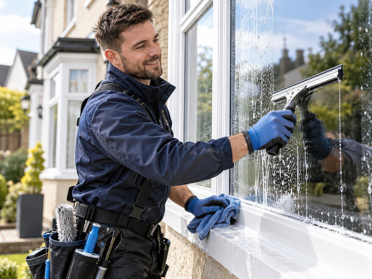 window cleaning, professional services, smiling worker, home maintenance, window washing, house exterior, uniform, workwear, rubber gloves, maintenance tool, squeegee, nice day, tool, daylight, fresh air, freelance work, outer window, house cleaning, building maintenance, glass cleaning, external cleanliness